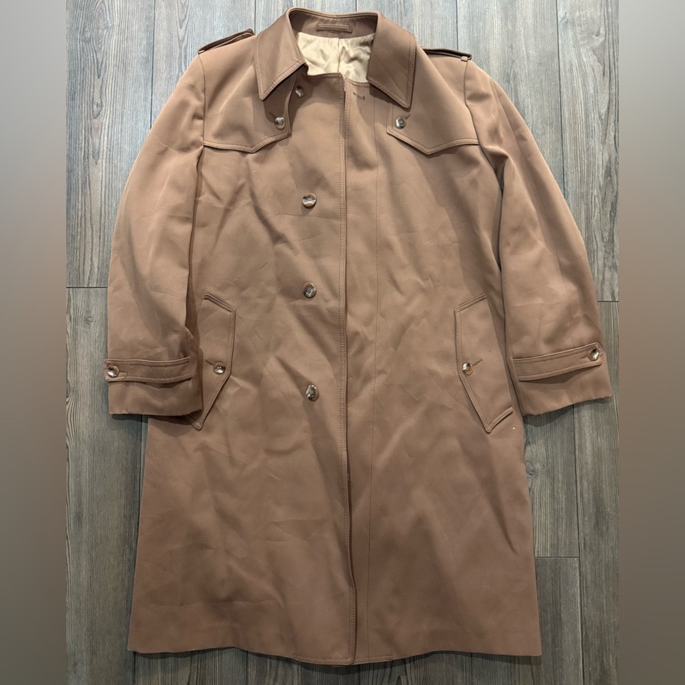 Vintage Saks Fifth Avenue Camel Trench Coat Mens 40R Classic Raincoat - Picture 1 of 5